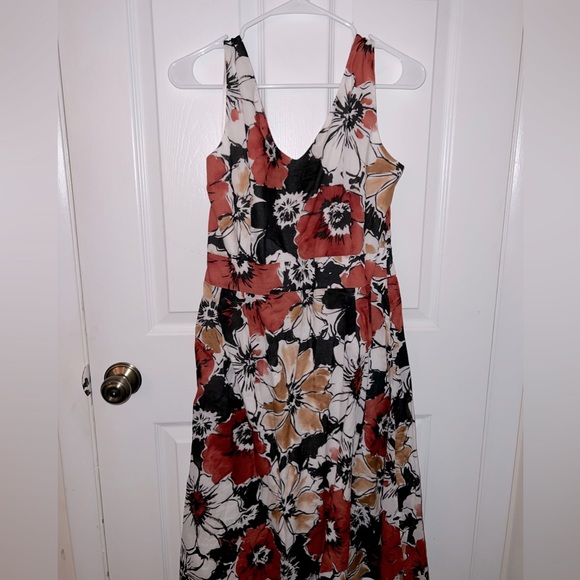Anne Klein Linen Brown, Pink & Cream Floral Midi- Dress (Women’s size 12) - Picture 1 of 3